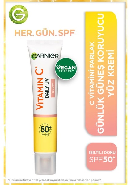 C Vitamini Parlak Günlük Güneş Koruyucu Fluid Yüz Kremi Işıltılı Doku SPF50+ 40ML