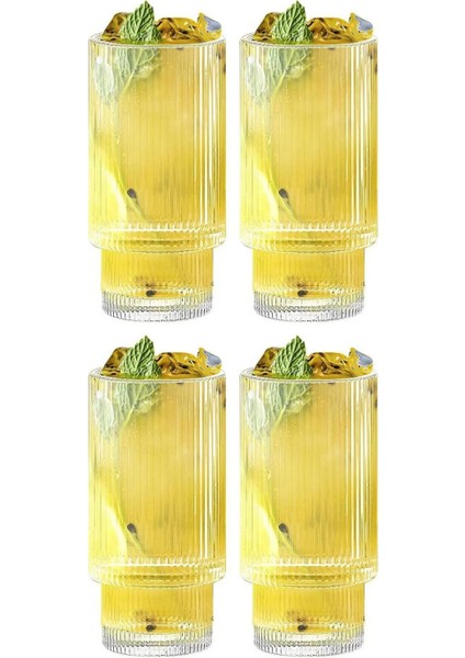 Çizgili Yeni Tasarım Cam Bardak Meşrubat, Latte, Neskafe, Kokteyl, Su Bardağı 400 ml 4 Adet-2812