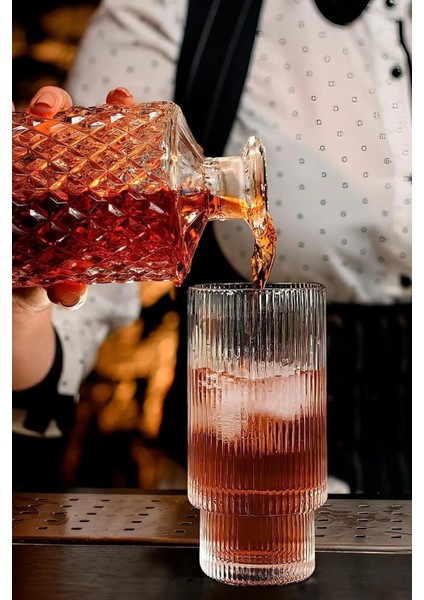 Çizgili Yeni Tasarım Cam Bardak Meşrubat, Latte, Neskafe, Kokteyl, Su Bardağı 400 ml 4 Adet-2812