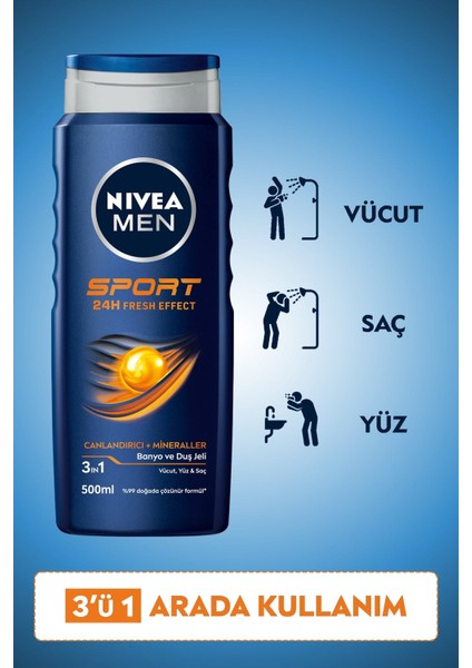 Men Sport Duş Jeli, Vücut,yüz ve Saç Şampuanı 500ML X3 Adet fiyatları