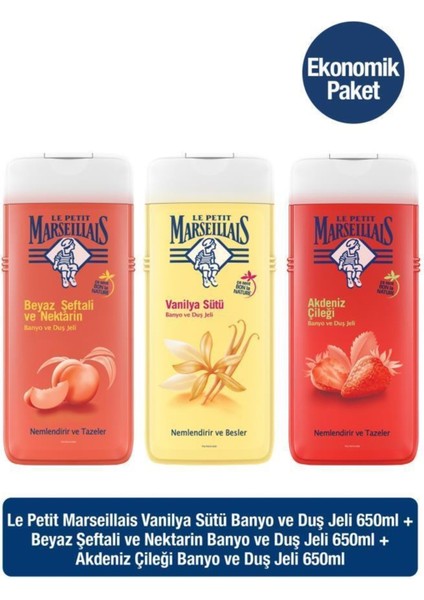 Beyaz Şeftali ve Nektarin 650 ml Vanilya Sütü 650 ml Akdeniz Çileği Duş Jeli