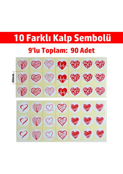 Dijital Barkod Kalpli Etiket Sticker 10 Farklı Kırmızı Kalp Deseni Yuvarlak 30MM - 90 Adet