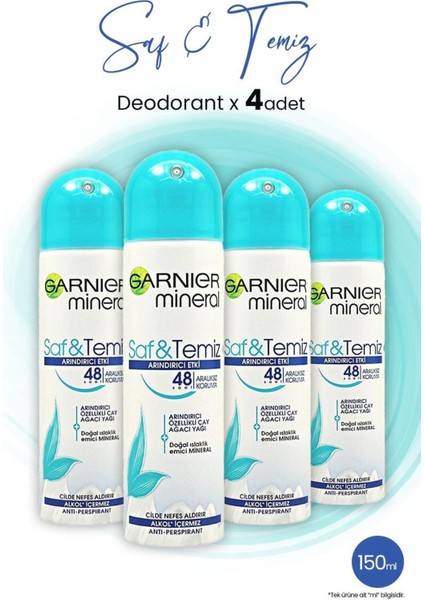 Mineral Saf ve Temiz Sprey Deodorant 48 Saat 150 ml x 4 Adet