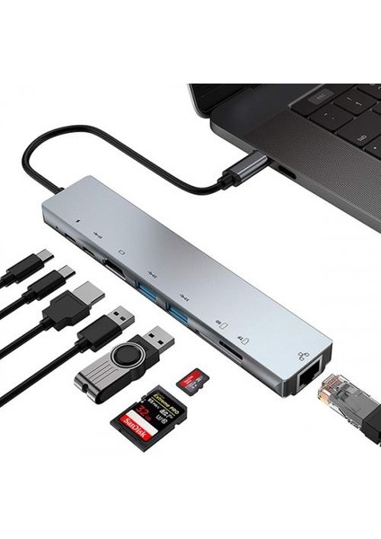 8in1 Multifoksiyonel Type-C Hub Type-C To RJ45 4K HDMI Sd Kart USB Dönüştürücü 3xusb+2 Pd
