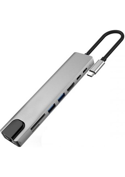 8in1 Multifoksiyonel Type-C Hub Type-C To RJ45 4K HDMI Sd Kart USB Dönüştürücü 3xusb+2 Pd