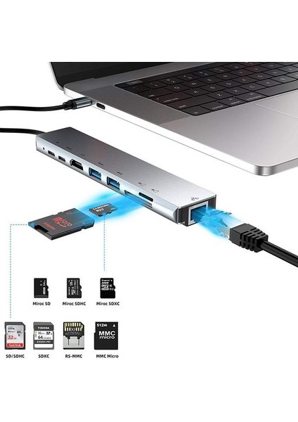 8in1 Multifoksiyonel Type-C Hub Type-C To RJ45 4K HDMI Sd Kart USB Dönüştürücü 3xusb+2 Pd