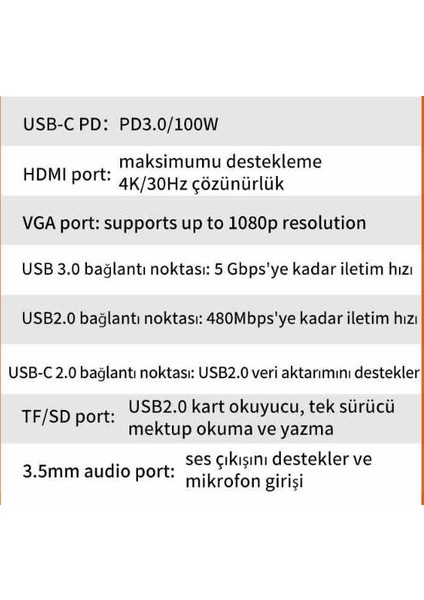 100W Pd 10IN1 Type-C Hub Type-C To RJ45 4K HDMI Sd Kart USB VGA Ethernet 3.5mm Dönüştürücü