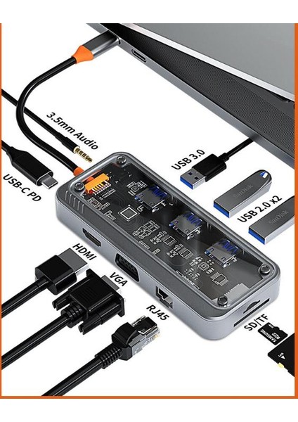 100W Pd 10IN1 Type-C Hub Type-C To VGA 4K HDMI RJ45 3.5mm Sd Tf Kart 3xusb3.0 Çeviriçi Hub