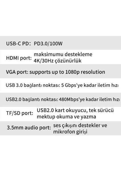 100W Pd 10IN1 Type-C Hub Type-C To VGA 4K HDMI RJ45 3.5mm Sd Tf Kart 3xusb3.0 Çeviriçi Hub