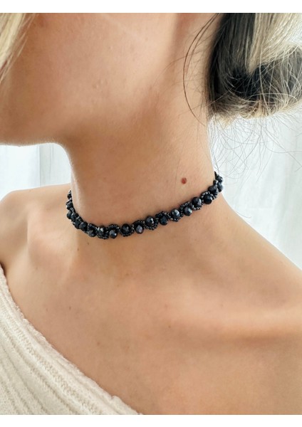 Kristal Taşlı Boyu Ayarlanabilir Choker Kolye Kadın Antrasit