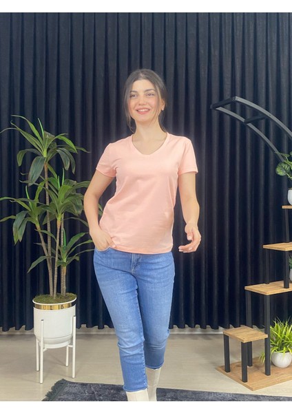 Espoirplus Kadın V Yaka Kısa Kol %100 Pamuk T-Shirt