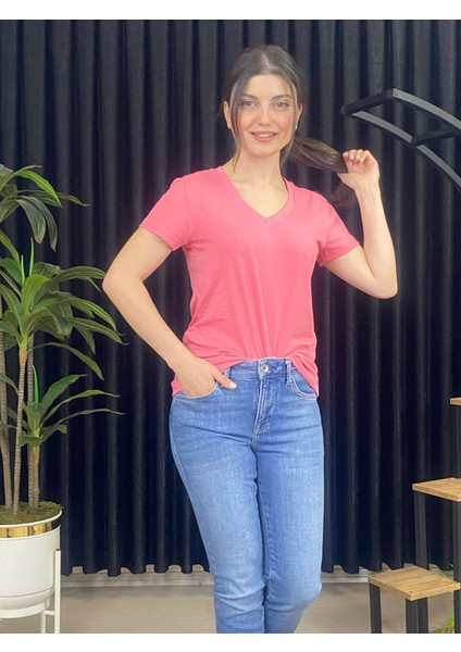Espoirplus Kadın V Yaka Kısa Kol %100 Pamuk T-Shirt fiyatları