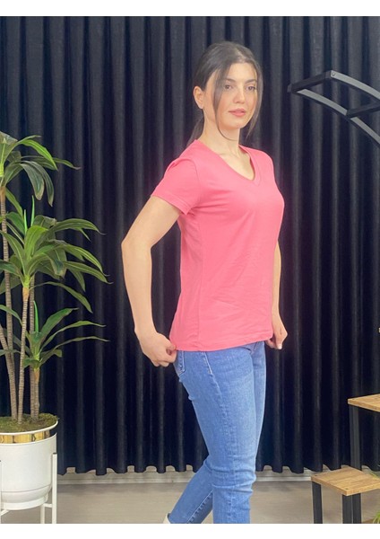 Espoirplus Kadın V Yaka Kısa Kol %100 Pamuk T-Shirt fırsatları