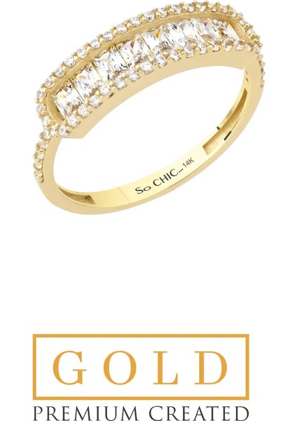 14 Ayar Sarı Altın Sertifikalı Premium Created Taşlı Baget Yüzük