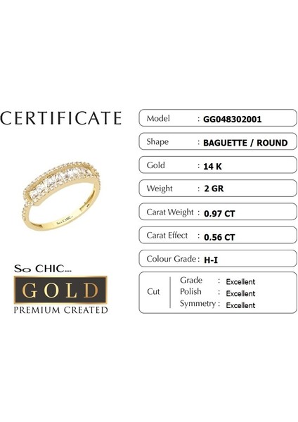 14 Ayar Sarı Altın Sertifikalı Premium Created Taşlı Baget Yüzük fiyatları