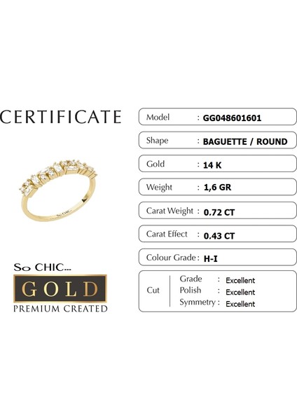 14 Ayar Sarı Altın Sertifikalı Gold Premium Created Taşlı Baget Yüzük fiyatları