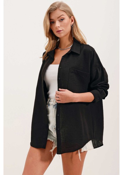 Kadın Tek Cepli Oversize Gömlek Siyah