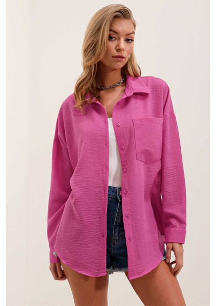 Kadın Tek Cepli Oversize Gömlek Fuşya