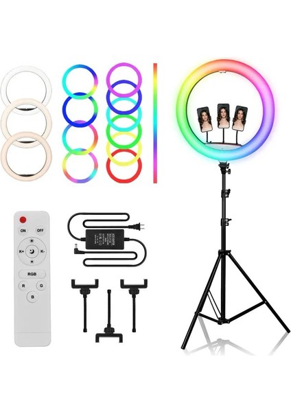 Rgb Ring Light 3 x Telefon Standlı Çantalı Kumandalı 18 Inç Youtuber LED Halka Işık 2 Metre Tripod