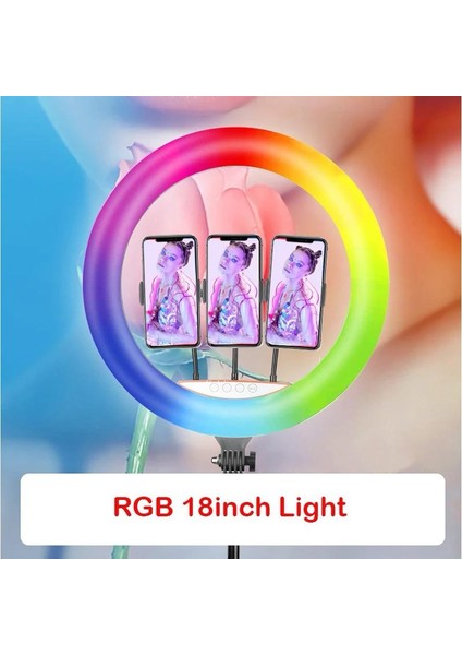 Rgb Ring Light 3 x Telefon Standlı Çantalı Kumandalı 18 Inç Youtuber LED Halka Işık 2 Metre Tripod