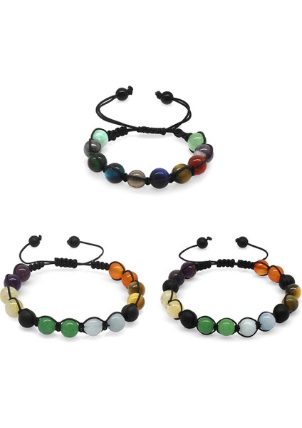 Makrome Örgülü Küre Kesim Multicolor Doğaltaş Kombinli Erkek-Kadın-Çocuk Başarı Bilekliği(3lü Set)