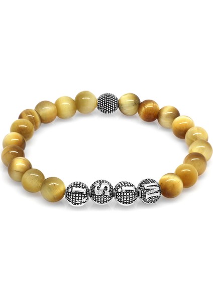 Renkli Kaplangözü Metal Kombinli Kişiye Özel Isim Yazılı Küre Kesim Doğaltaş Bileklik