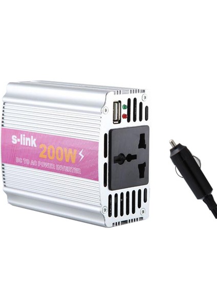 S-Link SL-200W 200W DC12V-AC230V Çakmaktan Power Inverter 12V-220V Çevirici Dönüştürücü Çakmaklıklı