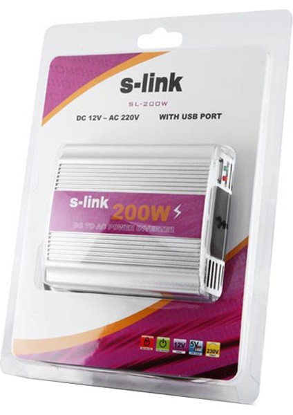 S-Link SL-200W 200W DC12V-AC230V Çakmaktan Power Inverter 12V-220V Çevirici Dönüştürücü Çakmaklıklı