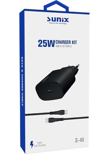 25W Usb-C Girişli Süper Hızlı Şarj Aleti Type-C / Type-C Set Siyah S-40