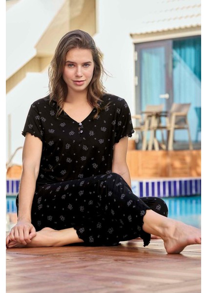 Kadın Mısra Bambu Kısa Kol Siyah Pijama Takım 0133