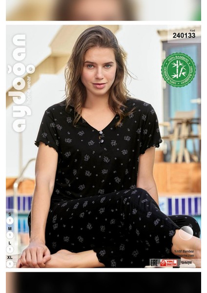 Kadın Mısra Bambu Kısa Kol Siyah Pijama Takım 0133