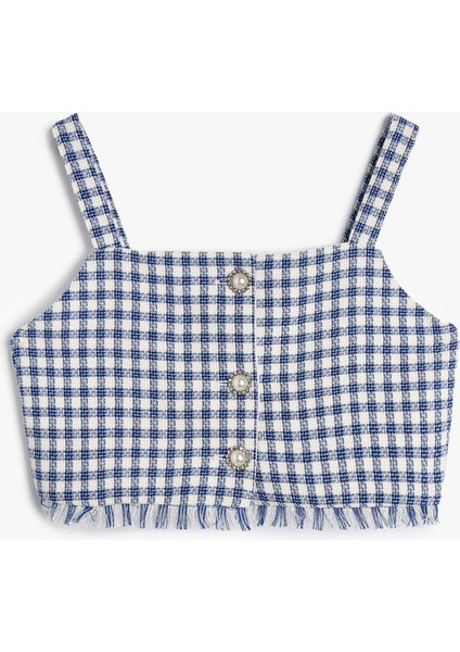 Crop Bluz Askılı Tüvit Çiçek Düğme Detaylı