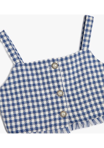 Crop Bluz Askılı Tüvit Çiçek Düğme Detaylı