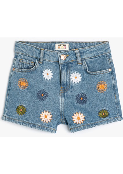 Kot Şort Çiçek Işlemeli Pamuklu