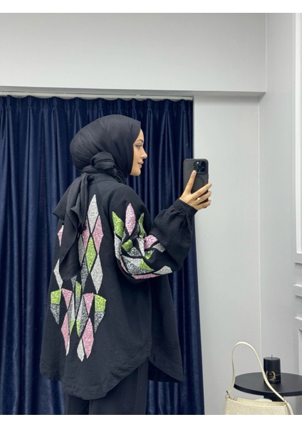 KPTKM003 Nakış Işlemeli Siyah Kimono Pantolonlu Takım