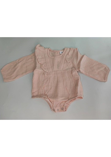 Kız Bebek Müslin Kumaş Uzun Kollu Pembe Bodysuit/zıbın