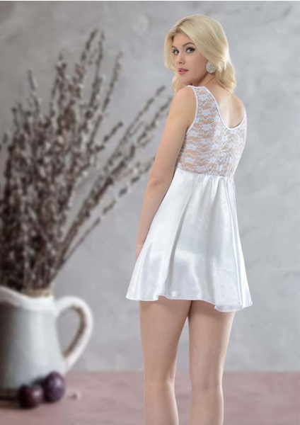 Beyaz Dantelli Saten Gecelik - M-395
