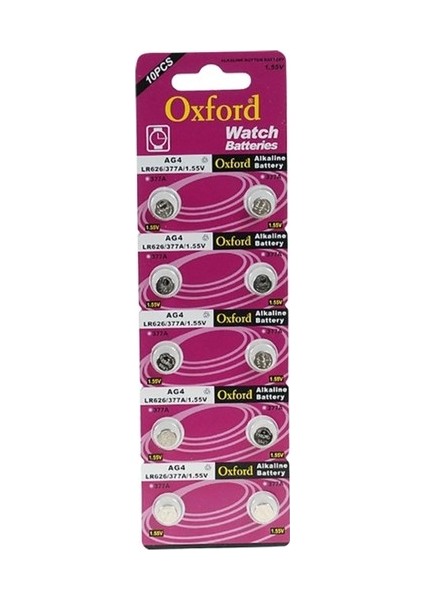Oxford Ag4 LR626 Alkalin Saat Pili 10 Lu Paket Düğme Pil 1.55 Volt 377A