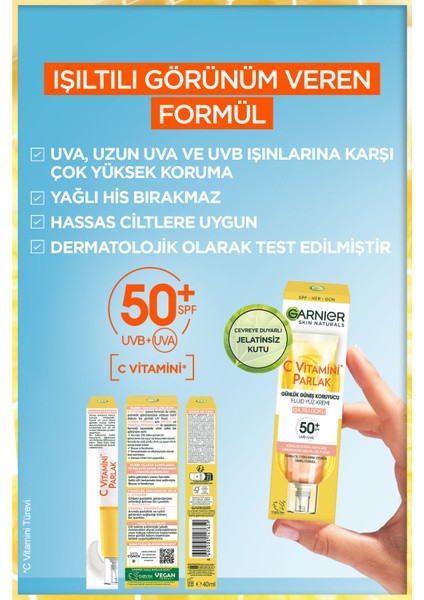 C Vitamini Parlak Günlük Güneş Koruyucu Fluid Yüz Kremi Işıltılı Doku SPF50+ 40ML