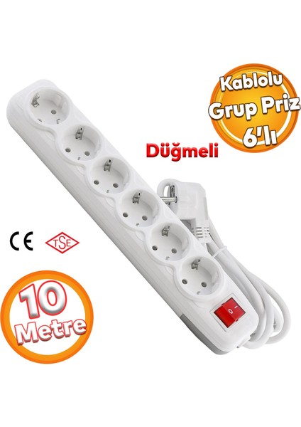 Kablolu 6'lı Topraklı Grup Priz Fiş Çoğaltıcı 10 Metre Çoklu Asmalı Uzatma Kablosu Anahtar Düğmeli