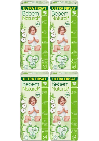 Bebem Natural Ultra Fırsat Bebek Bezi 6 Numara Extra Large 15+ kg 4 Paket 256 Adet Bez