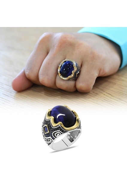 Mavi Kaplangözü Taşlı Yanları Gravür Işlemeli 925 Ayar Gümüş Erkek Yüzük fiyatları