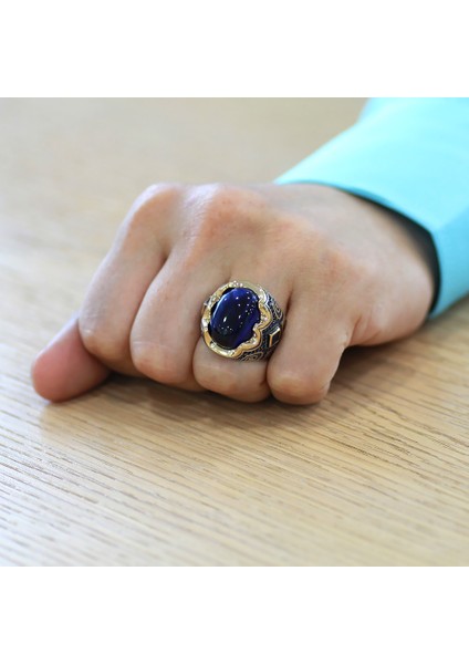 Mavi Kaplangözü Taşlı Yanları Gravür Işlemeli 925 Ayar Gümüş Erkek Yüzük modelleri