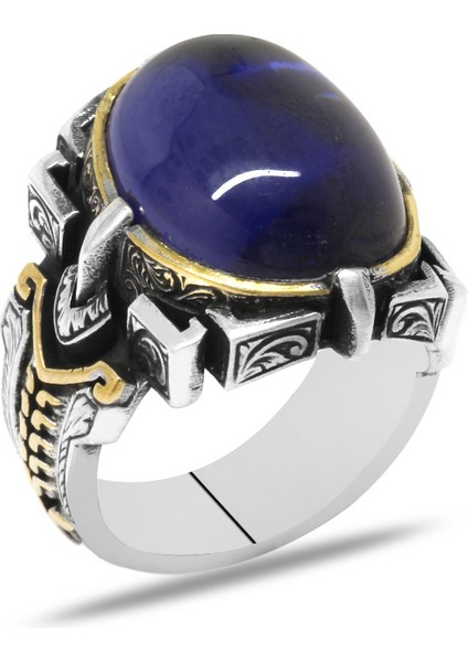 Mavi Ruby Taşlı Kalem Işçilik Tasarım 925 Ayar Gümüş Erkek Yüzük