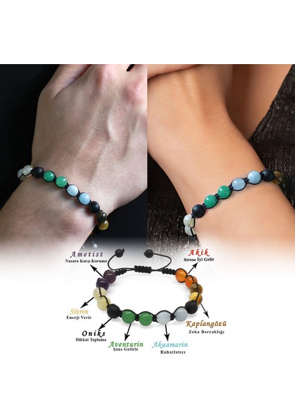 Makrome Örgülü Küre Kesim Multicolor Doğaltaş Kombinli Kadın-Erkek Başarı Bilekliği (2li Set)