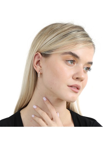 Sıralı Inci Taşlı Rose Renk Yarım Tur 925 Ayar Gümüş Kadın Küpe modelleri