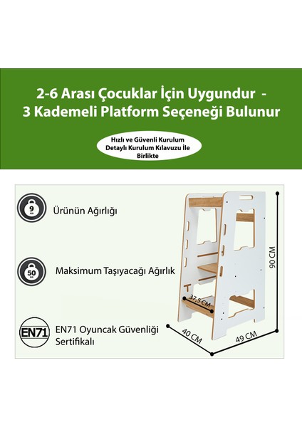 Ahşap Montessori Öğrenme Kulesi / 2-6 Yaş / Naturel + Beyaz