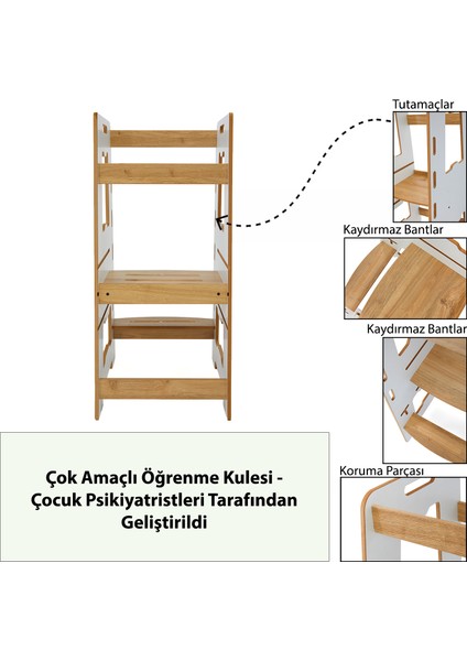 Ahşap Montessori Öğrenme Kulesi / 2-6 Yaş / Naturel + Beyaz