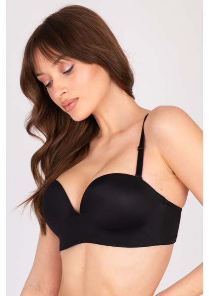 Çift Dolgulu Destekli Double Push Up Straplez Telsiz Siyah Sütyen indirimleri