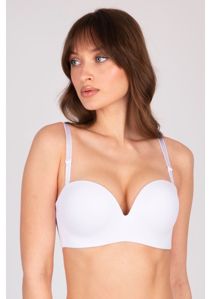 Çift Dolgulu Destekli Double Push Up Straplez Telsiz Beyaz Sütyen